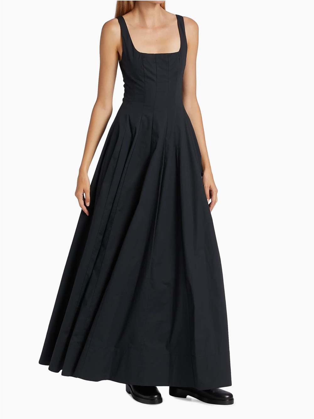STAUD Black Square-Neck Pleated Maxi Dress